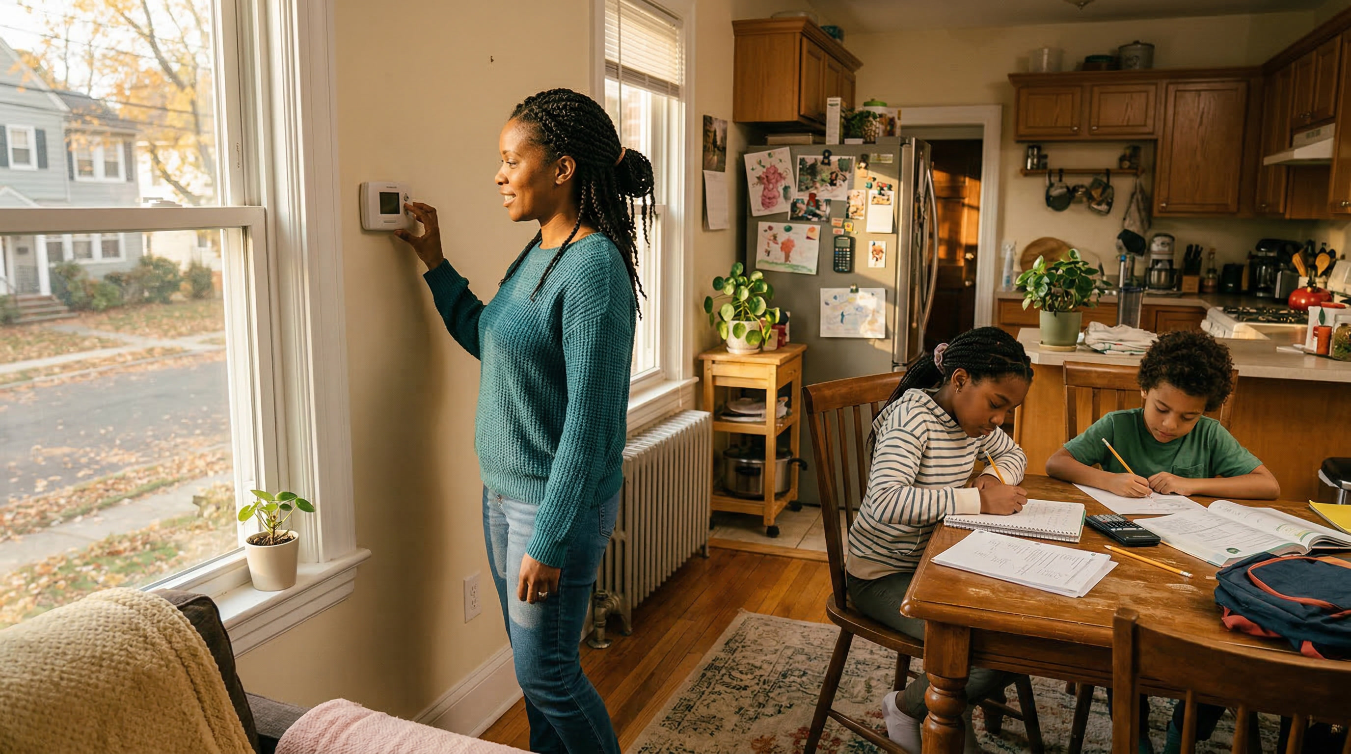 A mother adjusting the thermostat while her children study at the kitchen table