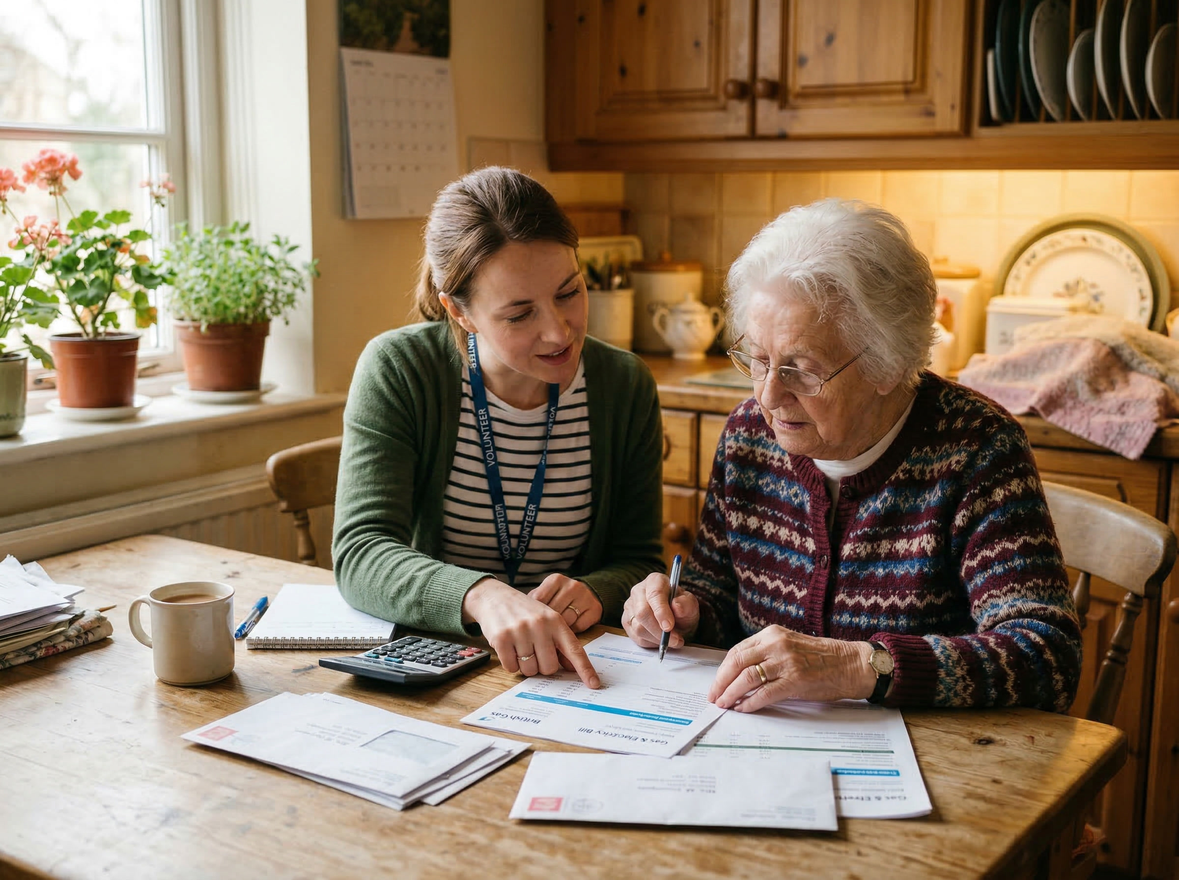 A volunteer helping an elderly woman review utility bills