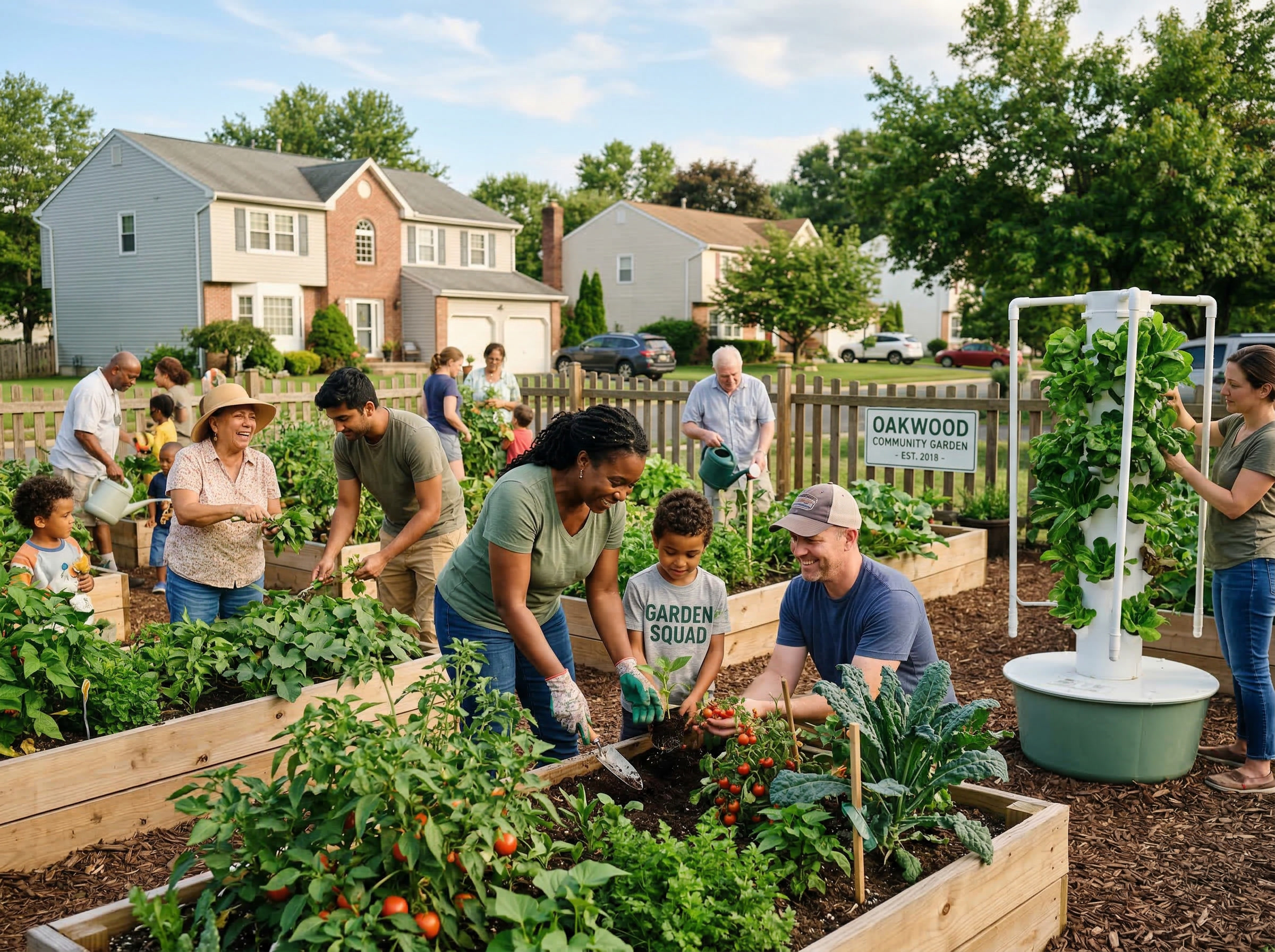 Community members working in a neighborhood garden with hydroponic towers
