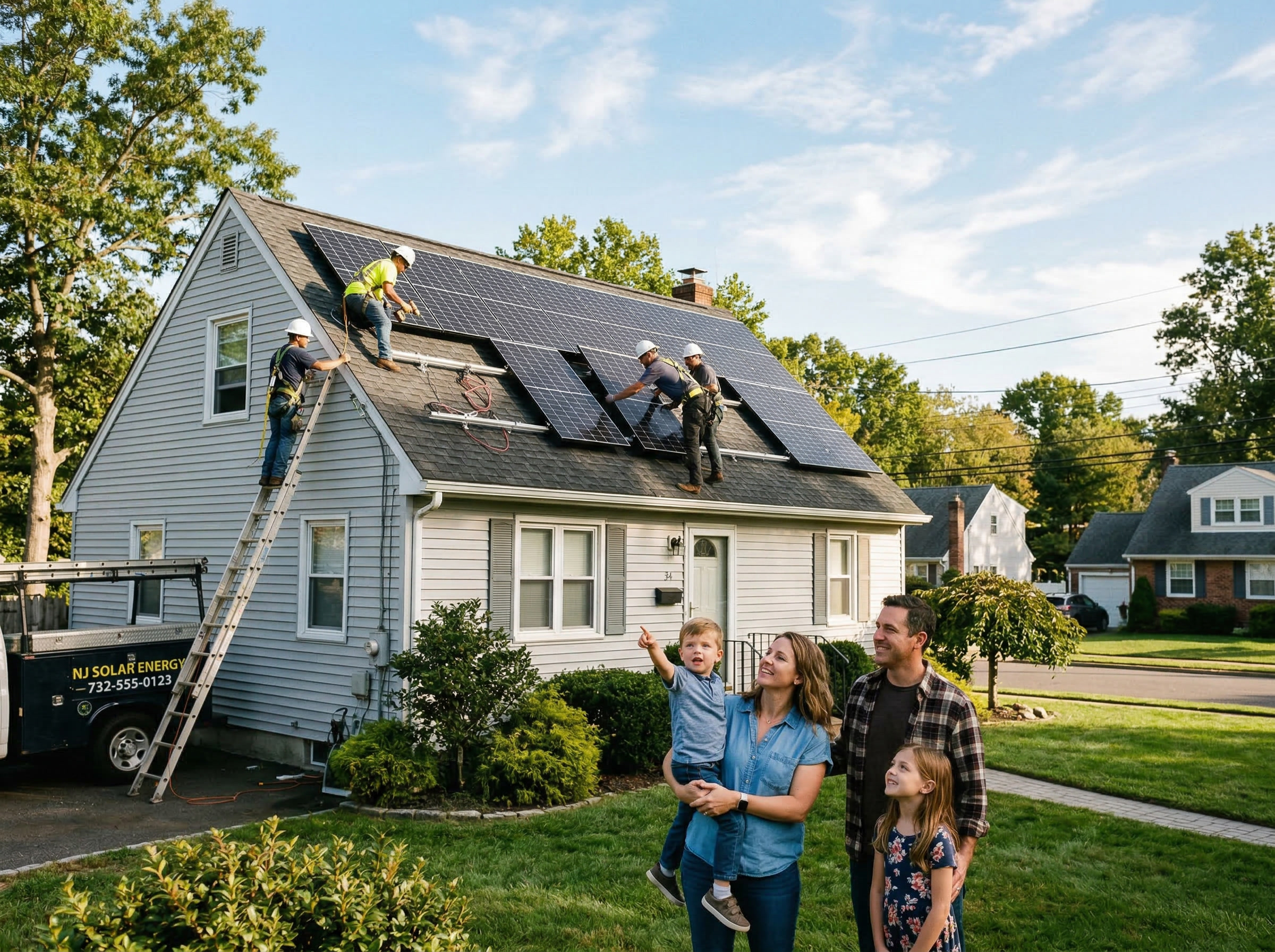 Solar panels being installed on a family home with the family watching